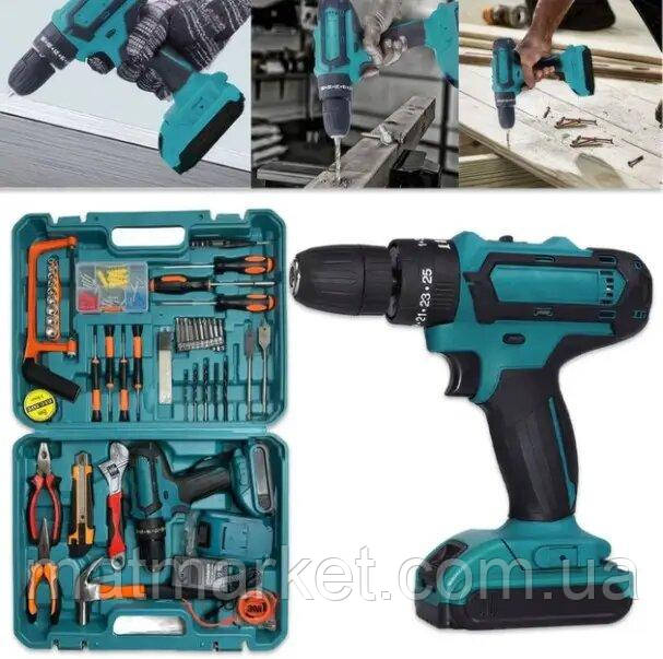Шуруповерт ударний акумуляторний 24v з набором інструментів і підсвічуванням у пластиковому кейсі дриль-шуруповерт, фото 1