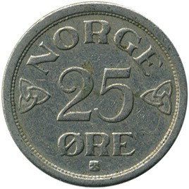 Монета Норвегії 25 ере 1952-57 рр, фото 1
