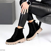 Жіночі замшеві черевики зимові Чорні з бежевим "Matera"