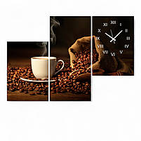 Модульна картина-годинник «Чашка запаної кави» Настінний декор для кухні, кав’ярні з безшумним годинниковим механізмом 90х60 см, фото 2