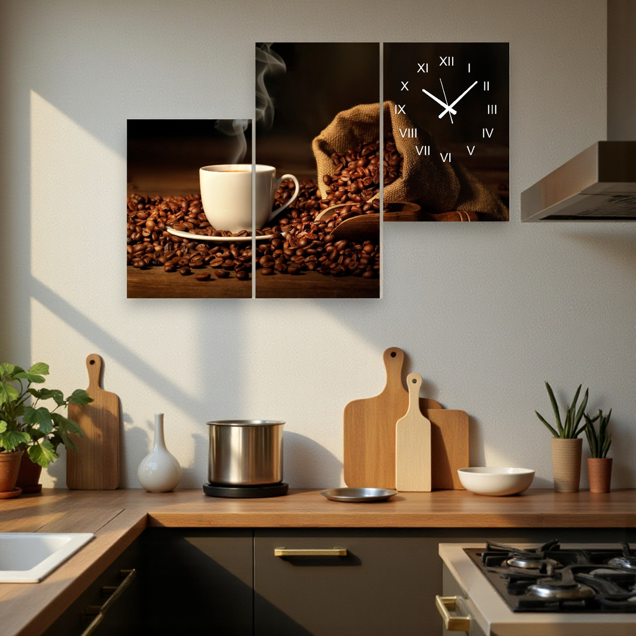 Модульна картина-годинник «Чашка запаної кави» Настінний декор для кухні, кав’ярні з безшумним годинниковим механізмом 90х60 см, фото 1