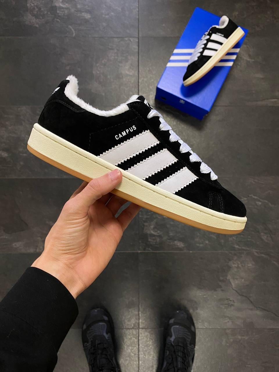 Жіночі зимові кросівки Adidas Campus 00s Black Winter Кеди Адідас Кампус чорні замша хутро часткове єврозима