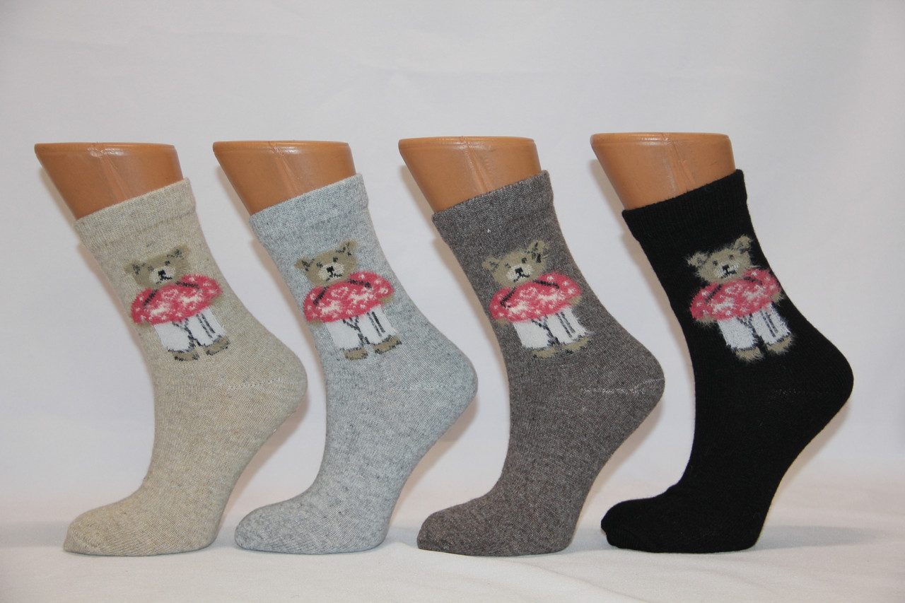 Жіночі шкарпетки високі зі 100% вовни з оздобленням з ангори НЛ 36-40 асортів ведмедик, фото 1