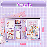 Набір блокнот з канцелярським приладдям, дитячий в подарунковій упаковці для дівчаток 390х240 см, фіолетовий, фото 3