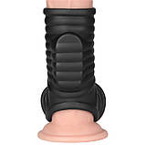 Вібруюче ерекційне кільце, насадка на пеніс Knights Ring з мошонковим рукавом чорне LOVETOY 14 см, TPE, фото 9