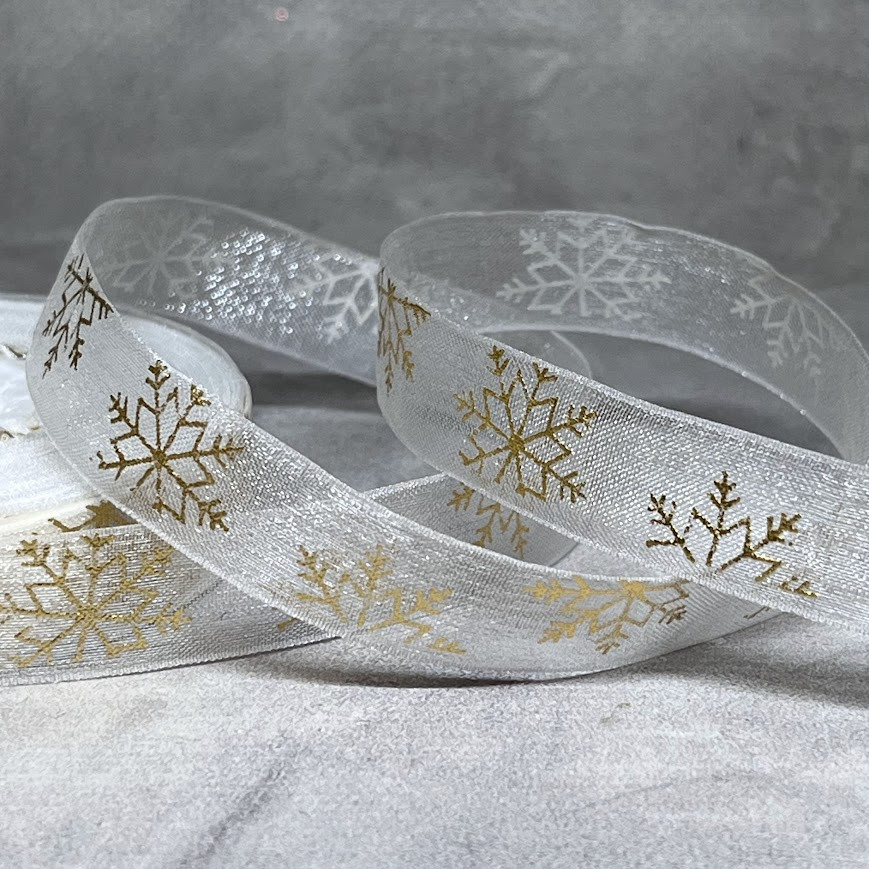 Органза (стрічка) 0,9 см Сніжинка, колір- білий, 1 метр, арт 019444, Білий, фото 1