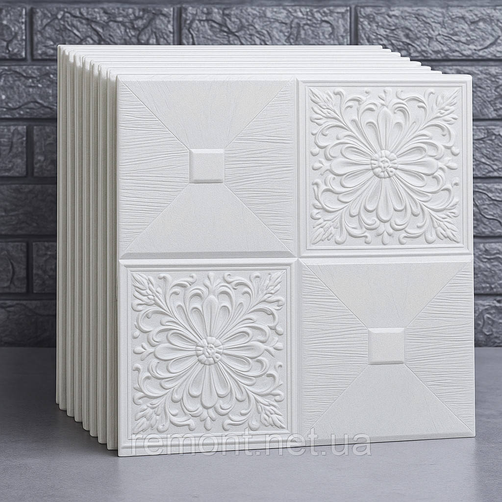 3D самоклеючі панелі для стін і стелі 35×35 см, «Вінтажна квітка» з спіненого поліпропілену, білі, фото 1