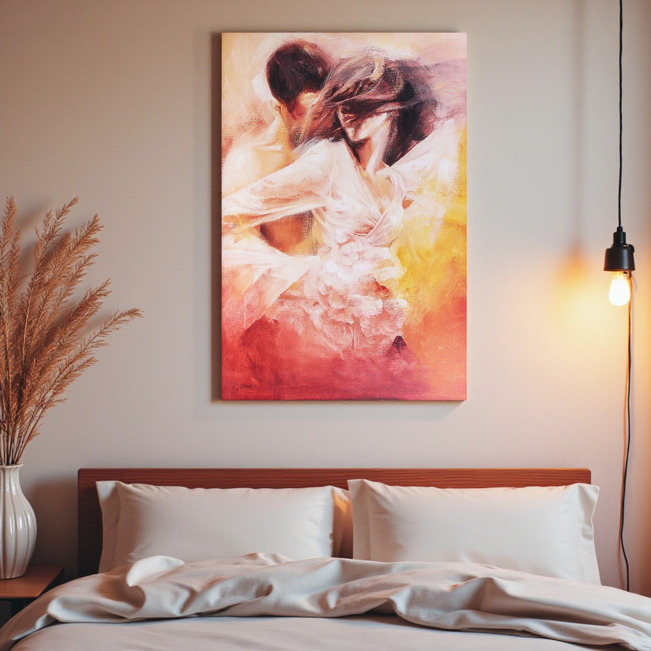 Картина «Двоє закоханих» Емоційний живопис у теплих тонах для спальні Друк на полотні 30х20см, фото 1