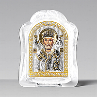 Ікона срібна 6,8х8,76 см. в муранському склі  арковой формы. Святий Миколай Чудотворець. MSA-1/003G/B.