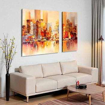 Модульна картина Акварельне місто Друк на полотні Абстрактний настінний декор в теплих тонах 100х60 з 2-х частин