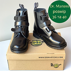 Чорні черевики Dr Martens високі натуральна шкіра чоботи мартенси підліткові чорні на липучках прошиті чорною ниткою