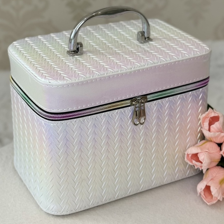 🧡Набір яскравих голографічних кейсів на блискавці для косметики і прикрас 3в1, Білий, фото 1