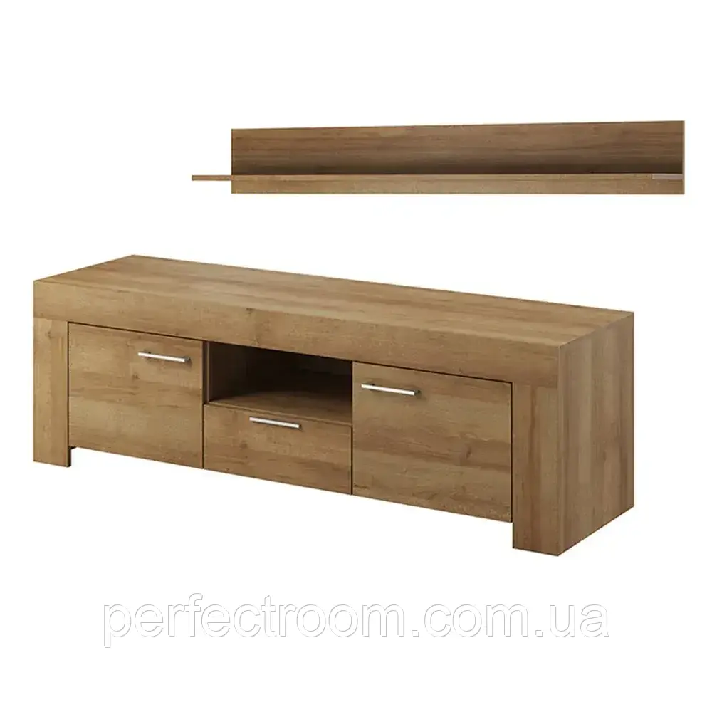 Комплект у вітальню Тумба TV дводверна з шухлядою Sky SRTV155 Поличка настінна P155 Дуб Рів'єра Meble Piaski, фото 1
