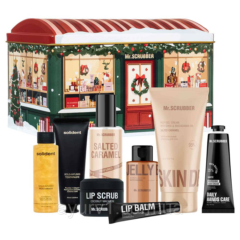 Подарунковий набір на новий рік в жестяній коробці Christmas Miracle Shop Mr.SCRUBBER Christmas Gift з 8-ми позицій