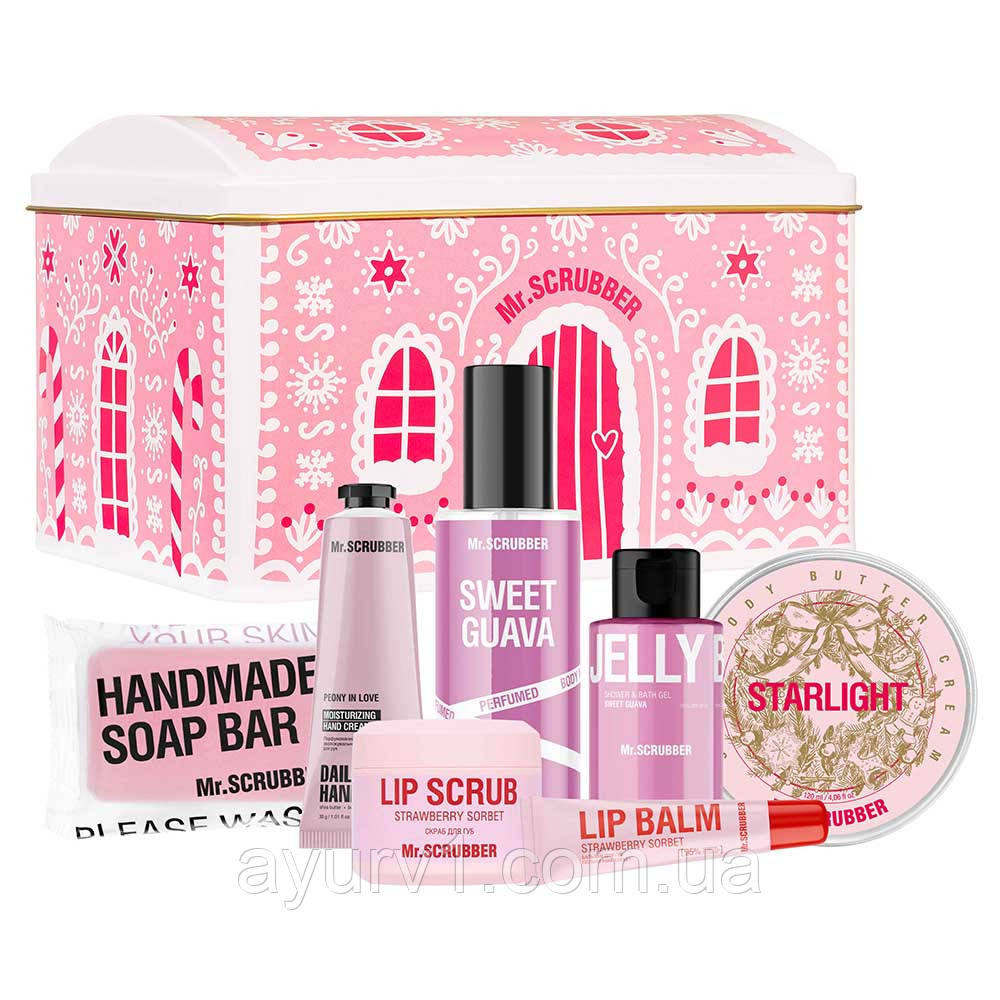 Подарунковий набір, подарунок на новий рік, у жерстяній коробці Sweet Candy House Mr.Scrubber Christmas Gift - з 7-ми позицій