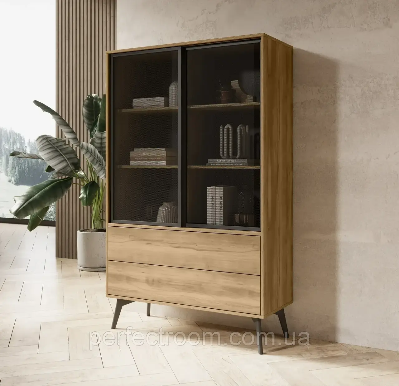 Вітрина з двома шухлядами та розсувними дверцятами у вітальню SLIDE SZ-100 Дуб золотий