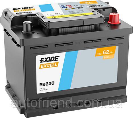 Акумулятор EXIDE EXCELL 62Ah Єв (-/+) (540EN) (д242*ш175*в190) EB620, фото 1