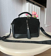 Жіноча шкіряна сумка валізка через плече чорна натуральна замша+шкіра