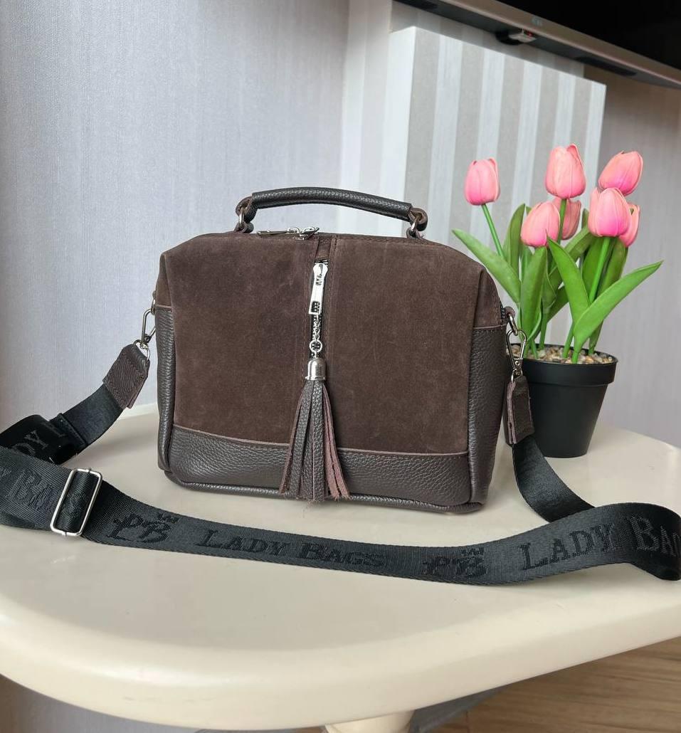 Жіноча шкіряна сумка валізка через плече коричнева натуральна замша+шкіра