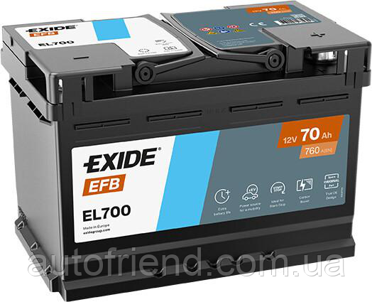 Акумулятор EXIDE START-STOP EFB 70Ah Єв (-/+) (760EN) (д278*ш175*в190) EL700, фото 1