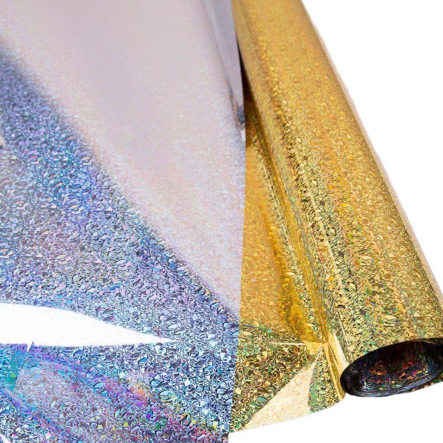 Плівка подарункова 70 см × 10 м золото-срібна голограма | пакувальна плівка для подарунків, декоративна упаковка, голографічна плі