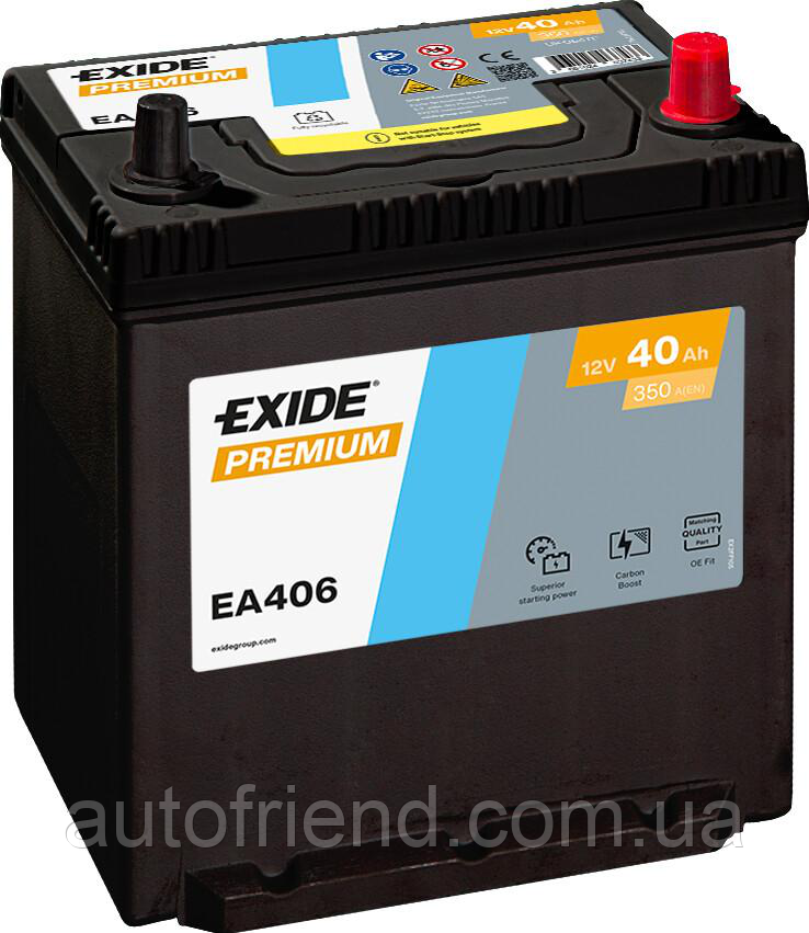 Акумулятор EXIDE PREMIUM 40Ah ASIA Ев (-/+) (350EN) (д187*ш127*в225) EA406, фото 1