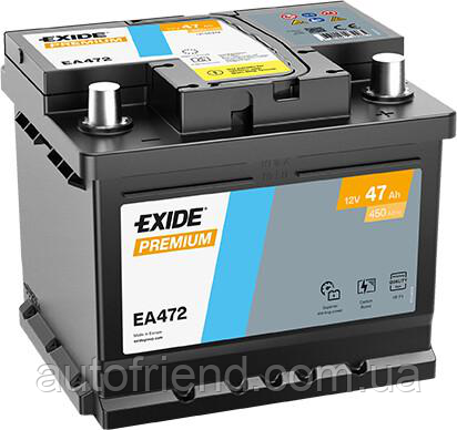 Акумулятор EXIDE PREMIUM 47Ah Н Ев (-/+) (450EN) (д207*ш175*в175) EA472, фото 1