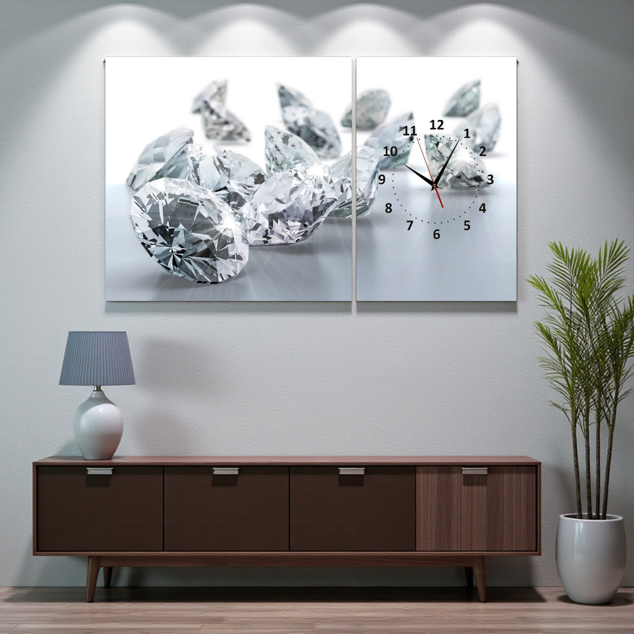 Картина-годинник «Діаманти» Елегантний настінний декор у сучасному стилі Друк на полотні Безшумний механізм 100х60 з 2х модулів, фото 1