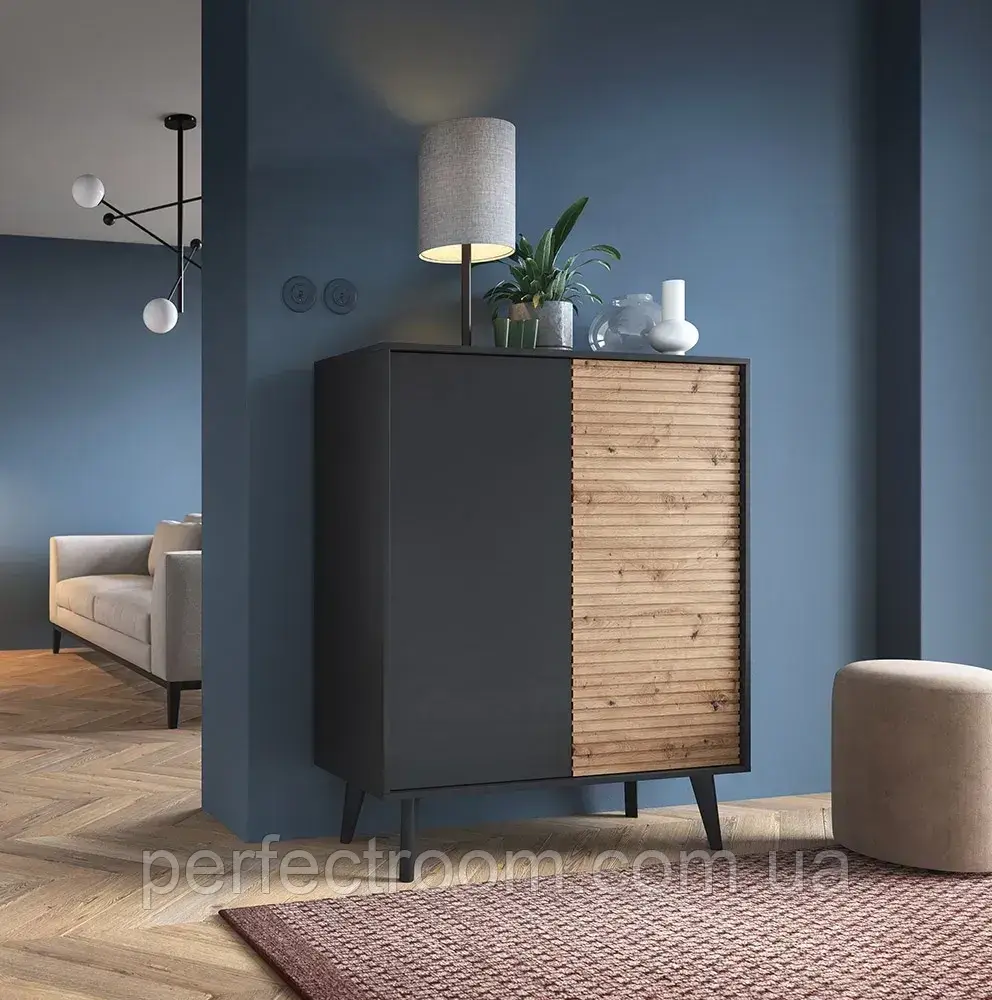 Шафа дводверна з поличками на ніжках у вітальню Willow KD104 Чорний/Дуб Артізан Meble Piaski