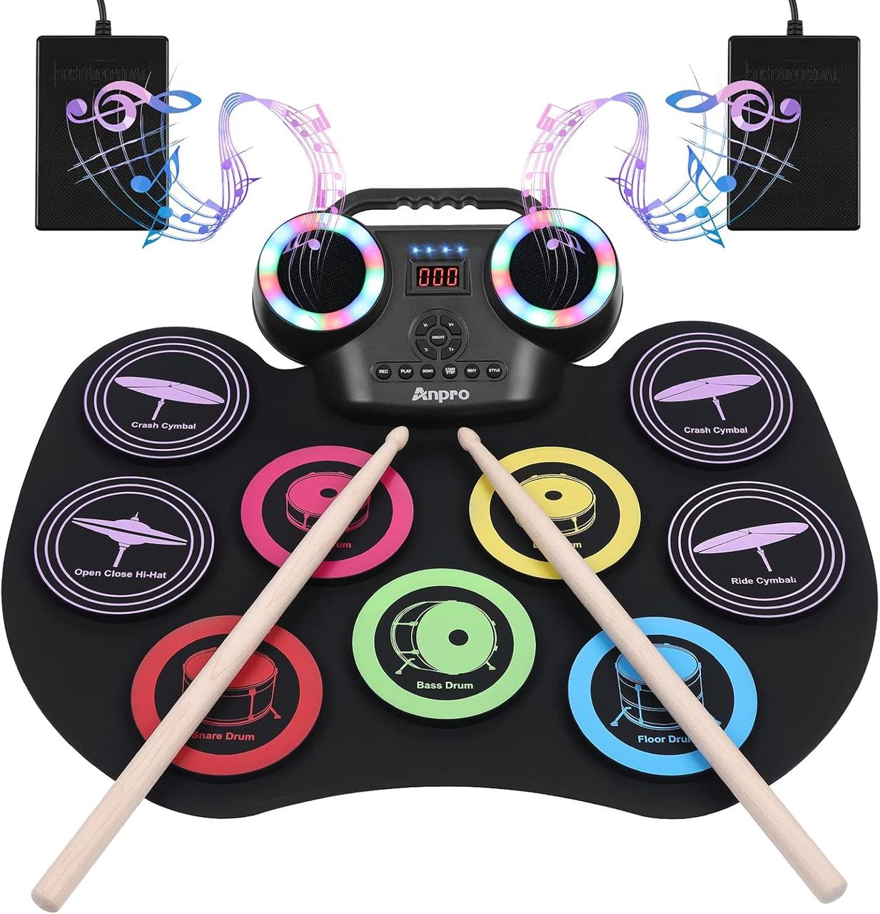 Дев'ятагранна кольорова електронна барабанна установка Anpro, набір для практики барабанів 8 шт., портативна електрична барабанна, фото 1