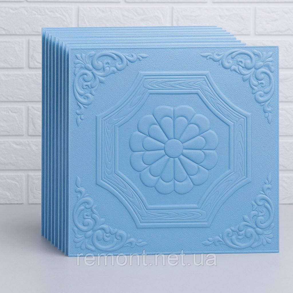 3D самоклеючі панелі для стін і стелі 35×35 см, «Квітка» з спіненого поліпропілену, блакитні, фото 1