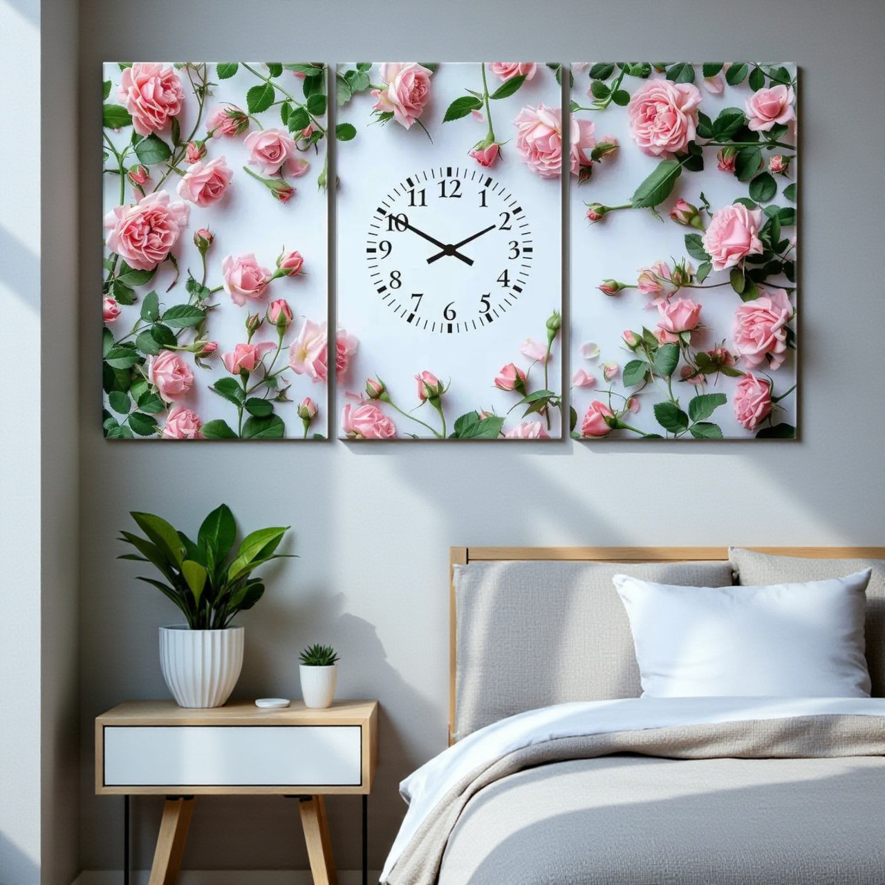 Картина-годинник «Рожеві троянди» Ніжний настінний декор для дому Безшумний годинник для спальні Друк на полотні 120х66 см, фото 1
