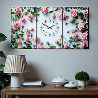 Картина-годинник «Рожеві троянди» Ніжний настінний декор для дому Безшумний годинник для спальні Друк на полотні 120х66 см, фото 3