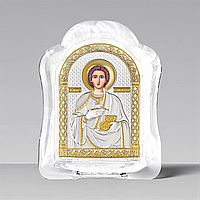 Ікона срібна 6,8х8,76 см. в муранському склі арковой формы. Пантелеймон святий великомученик і цілитель. MSA-1/012G/B.