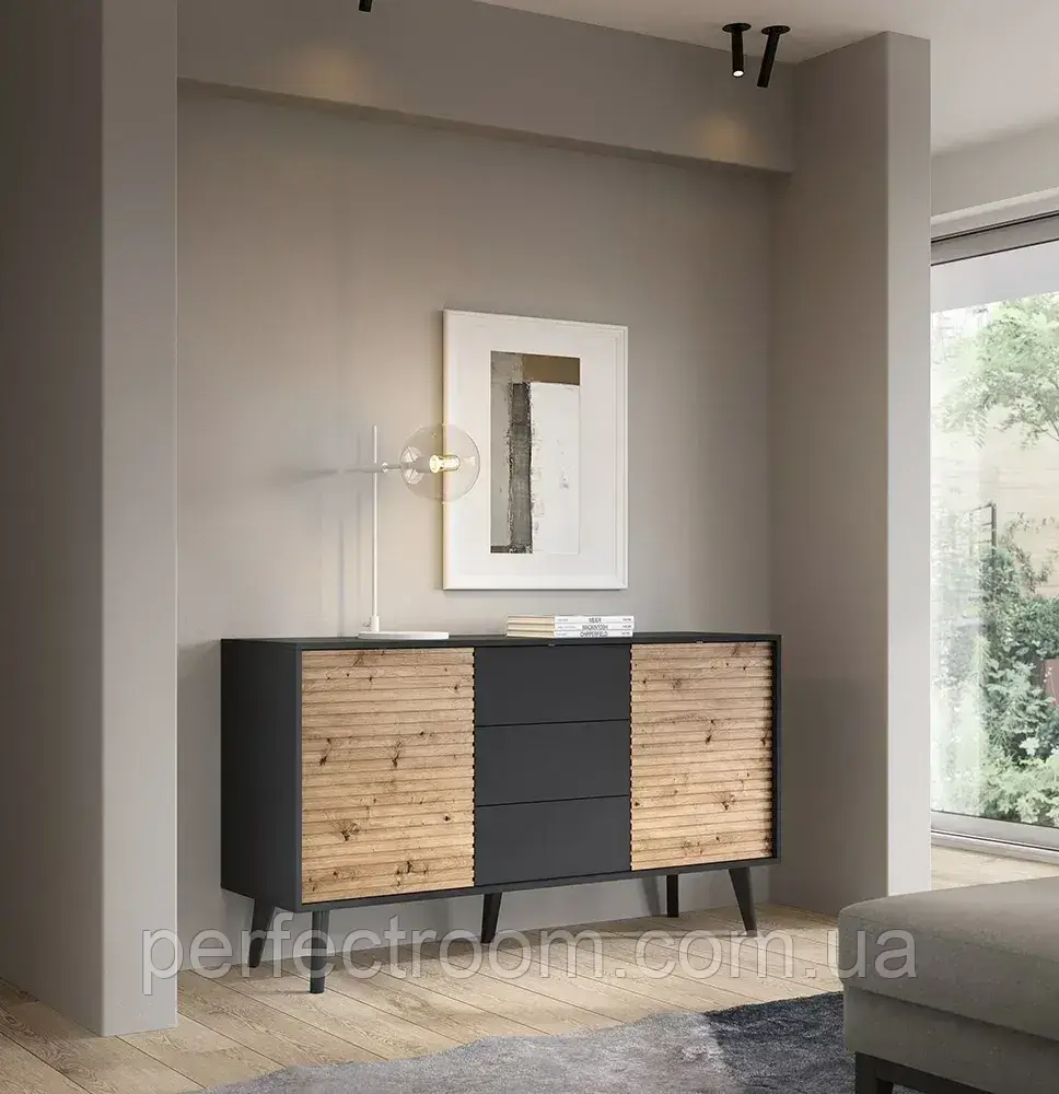Комод дводверний з шухлядами на ніжках у вітальню Willow KSZ154 Чорний/Дуб Артізан Meble Piaski, фото 1