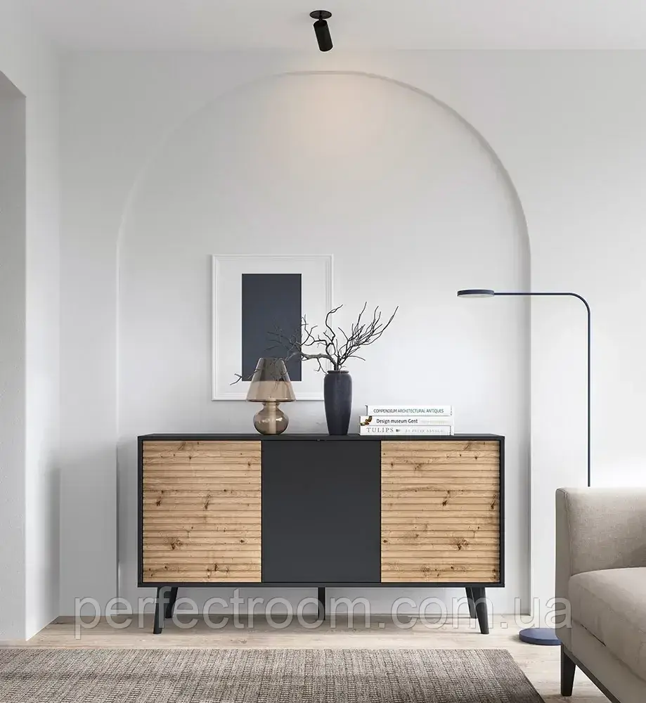 Комод тридверний на ніжках у вітальню Willow K154 Чорний/Дуб Артізан Meble Piaski, фото 1