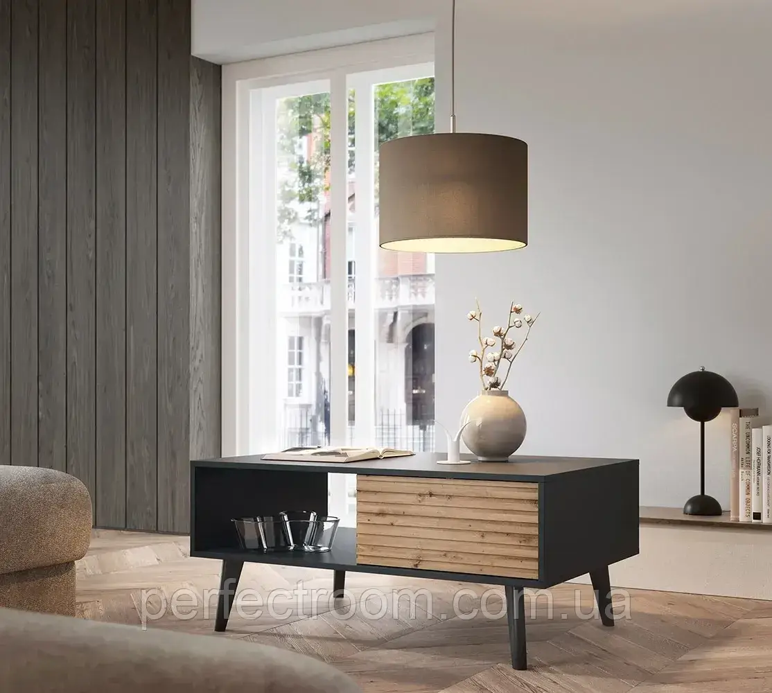 Журнальний столик з шухлядою на ніжках у вітальню Willow L104 Чорний/Дуб Артізан Meble Piaski, фото 1