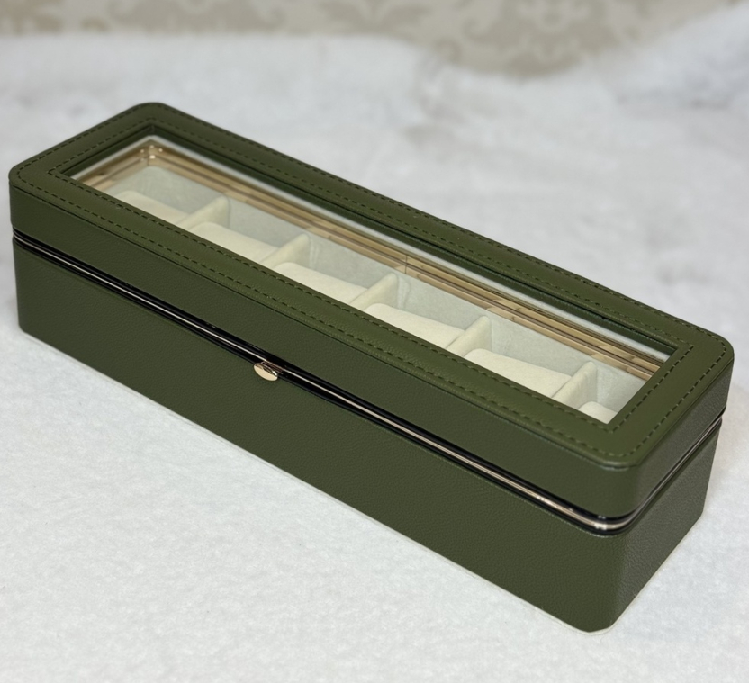 💚Cкринька для годинників на 6 відділів зі шкірозамінника на застібці, Темно-зелена, фото 1