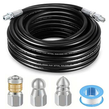 Шланг для очищення каналізації 10м + 3 насадки, 5000PSI, Чорний / Каналізаційний шланг / Шланг для каналізації