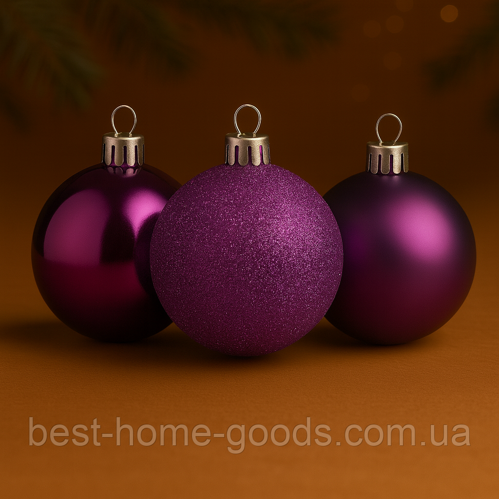 Набір новорічних кульок 3в1 (матова, глянцева, з блискітками), 3 шт., d 12 см, пластик, 11 кольорів – святковий блиск, фото 1