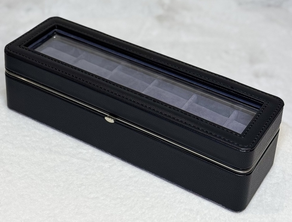 💙Cкринька для годинників на 6 відділів зі шкірозамінника на застібці, Чорна, фото 1