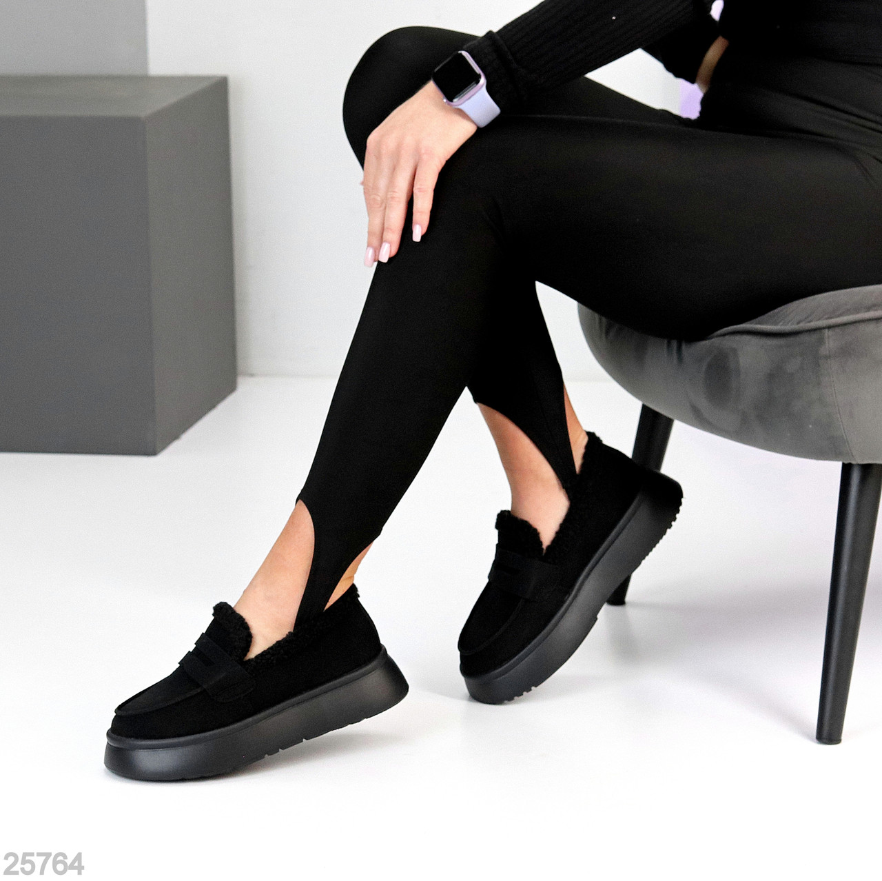 Молодіжні чорні замшеві автоледі на потовщеній підошві, фото 1