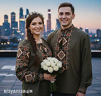 Пара вишиванок хакі з геометричним вишитим узором "Освідчення кохання"