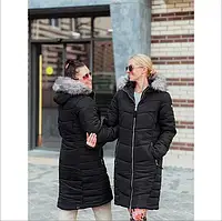 Жіноча куртка на осінь і зиму з капюшоном і відстібним хутром S/M/L/XL Чорна Подовжена YU227