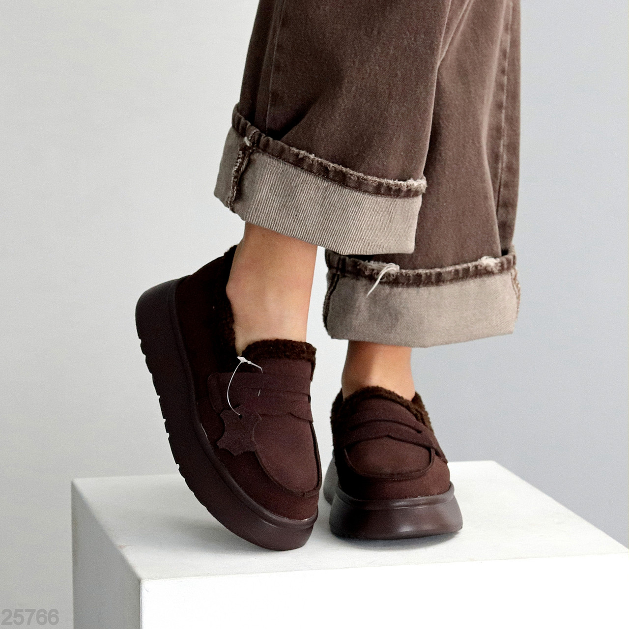 Молодіжні замшеві шоколадні автоледі на потовщеній підошві, фото 1