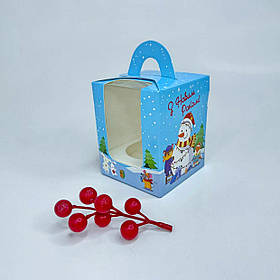 Коробка для капкейків (1 шт), 82*82*100 мм, з вікном, "Новорічний сніговик"