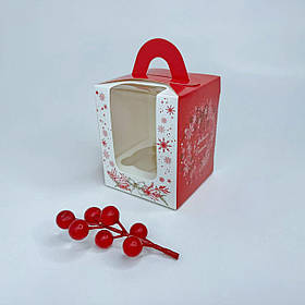 Коробка для капкейків (1 шт), 82*82*100 мм, з вікном, "Новорічний віночок"