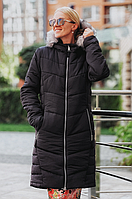 Демисезонная женская куртка с капюшоном и мехом, чёрная, удлинённая, размеры S по XL