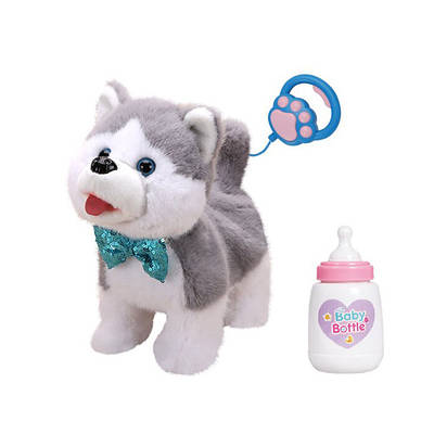 Іграшковий цуценя хаскі на повідку для дітей Інтерактивний вихованець з функціями ходить гавкає говорить Плюшева собачка