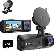 3-канальний відеореєстратор передня й задня внутрішня камера приладової панелі для автомобілів 2.5K+1080P+1080P, 3-стороння